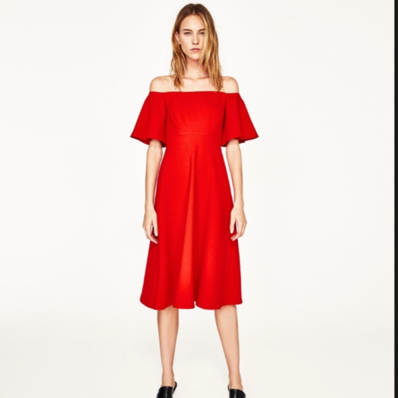 zara red off the shoulder dress